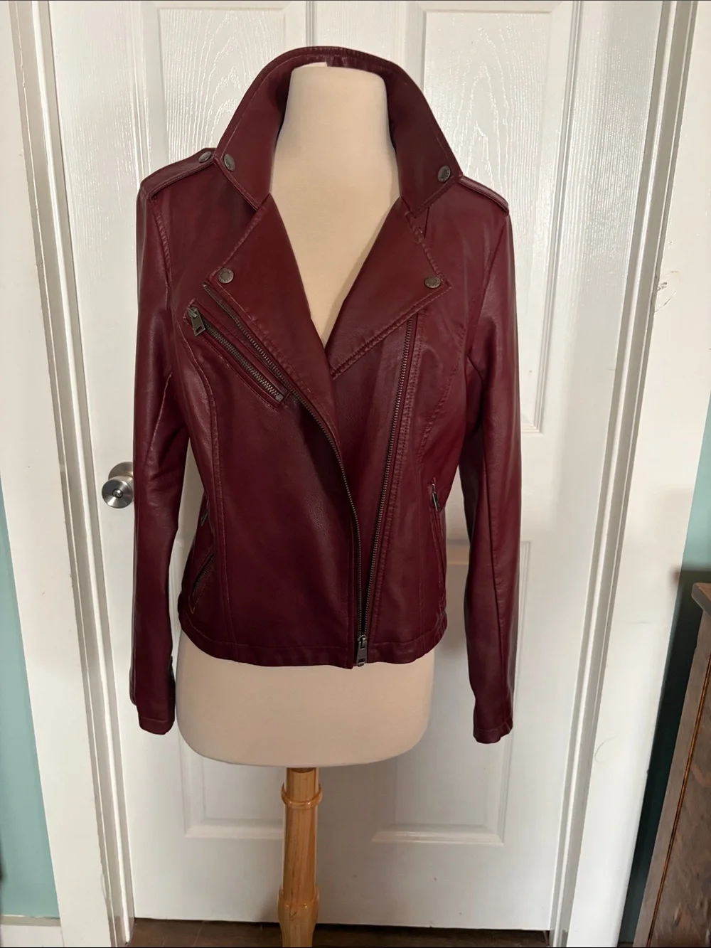 Women’s LEVI Burgundy Leather Moto Jacket with Asymmetrical Zip